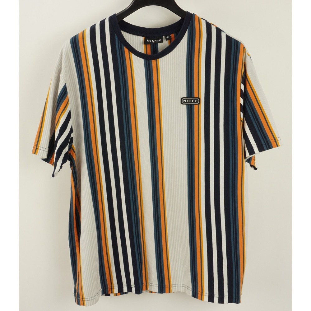 NICCE Men's XL Short Sleeve Retro Bowling Stripe Box Logo Cotton Crew T-Shirt